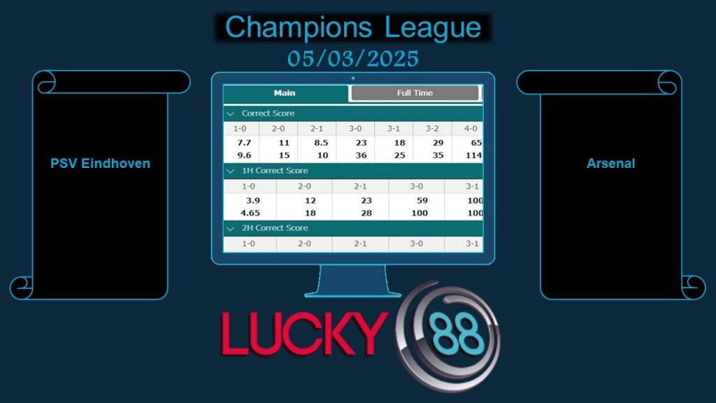 LUCKY88 PSV Eindhoven vs Arsenal, Soi kèo bóng đá hôm nay 05/03/2025, Champions League